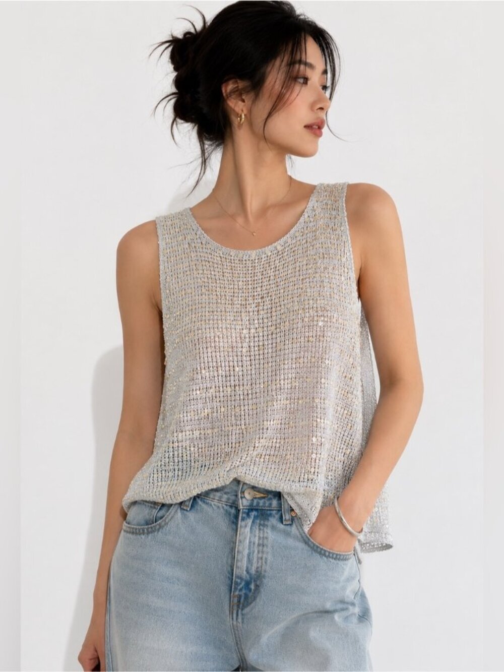 Valenti Vintage Crochet Knit Hand-Beaded Sequin White sleeveless Tank Top Size S